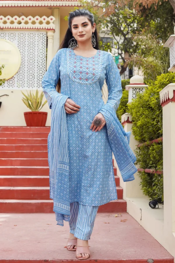 Powder Blue Breathable Relaxing Fit Cotton Suit (3 piece) - Image 3
