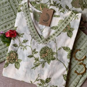 Cream Mehendi "Gold" Cotton Kurta Set with Dupatta - 3 pc