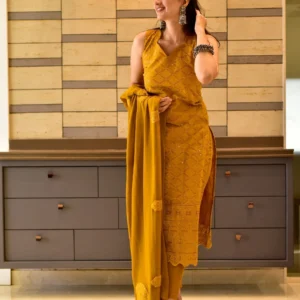 mustard chikankari kurta set