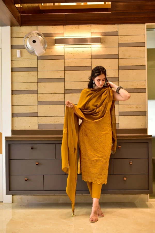 mustard chikankari kurta set - Image 2