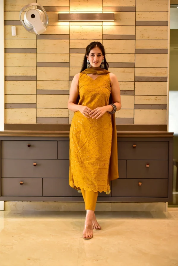 mustard chikankari kurta set - Image 3