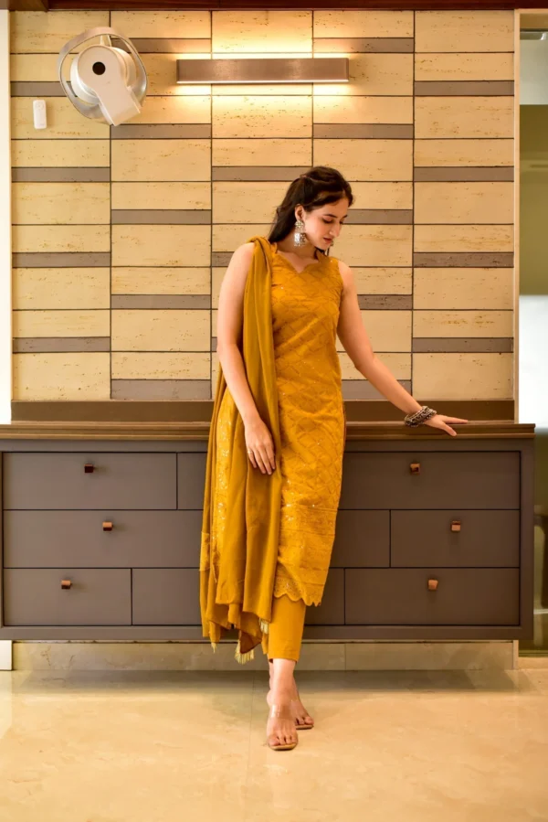 mustard chikankari kurta set - Image 4