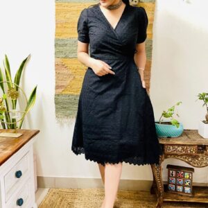 BLACK EMBROIDERED WRAP DRESS