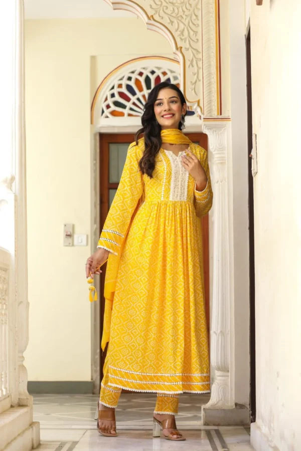 SALE: Gold Yellow Bandhej Romance Suit (3 piece) - Image 2