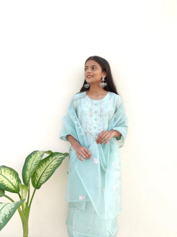 SALE: Pastel Turquoise Mirror Embroidered Suit Set - Image 2