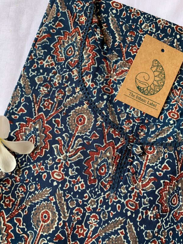 Blue Ajrakh Laced Cotton Kurta - M - Image 2