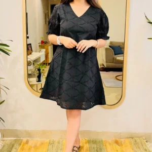 BLACK SCHIFFLI EMBROIDERED FLARED DRESS
