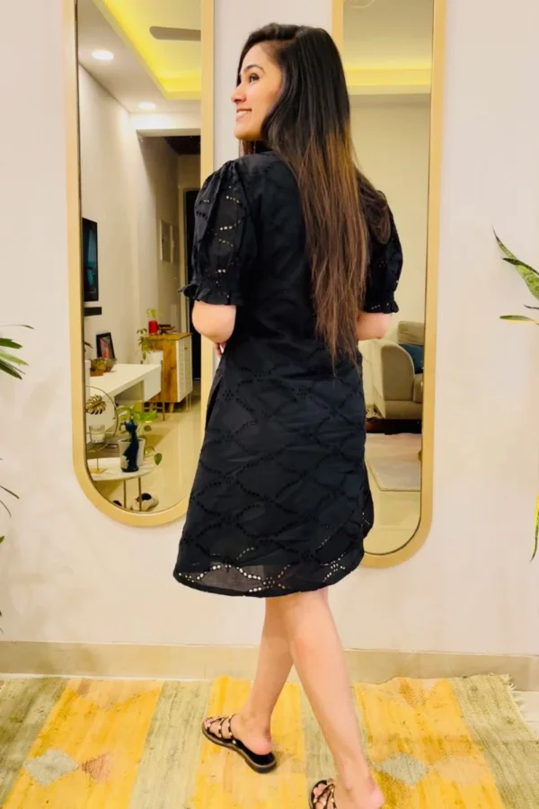 BLACK SCHIFFLI EMBROIDERED FLARED DRESS - Image 2