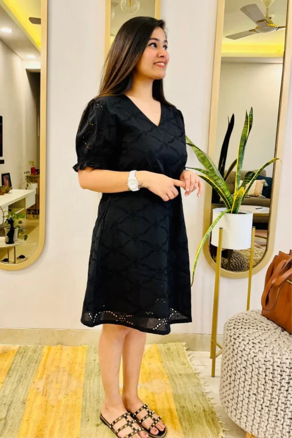 BLACK SCHIFFLI EMBROIDERED FLARED DRESS - Image 4