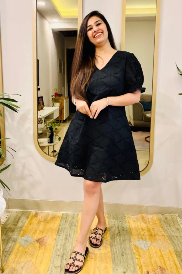 BLACK SCHIFFLI EMBROIDERED FLARED DRESS - Image 5