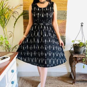 BLACK IKAT BOW-BACK FLARED DRESS
