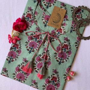 Mughal Green Pink Hand block printed Tassel Cotton Kurta