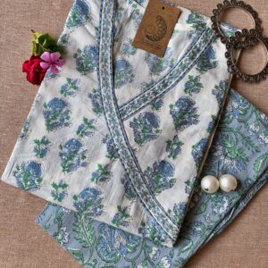 White Blue "Aasman" Angrakha Cotton Kurta Set - 2 pc