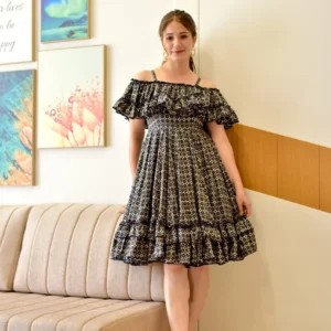 blue blossomy checks printed dress