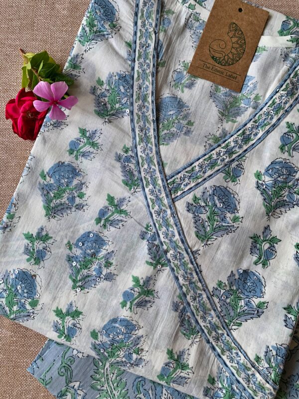 White Blue "Aasman" Angrakha Cotton Kurta Set - 2 pc - Image 3