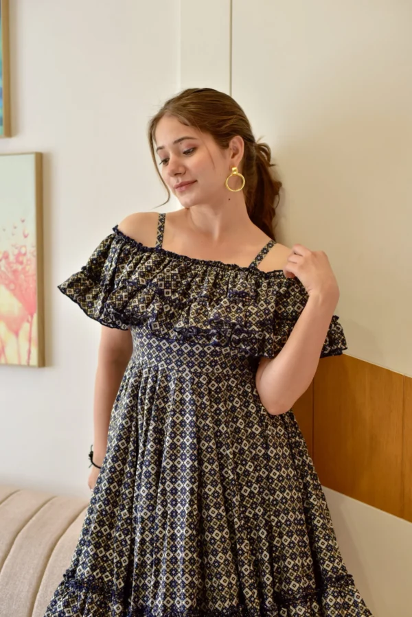 BLACK IKAT BOW-BACK FLARED DRESS - Image 2