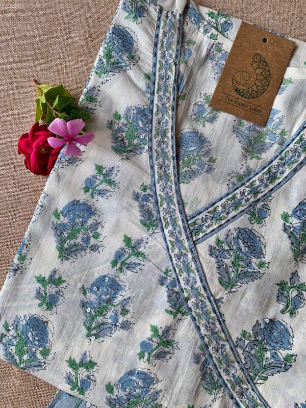 White Blue "Aasman" Angrakha Cotton Kurta Set - 2 pc - Image 2
