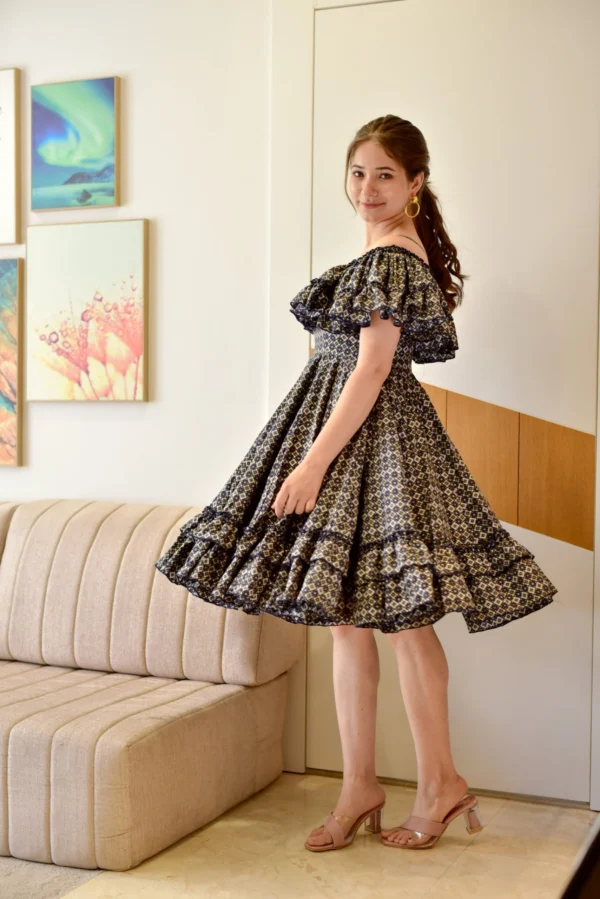 BLACK IKAT BOW-BACK FLARED DRESS - Image 3