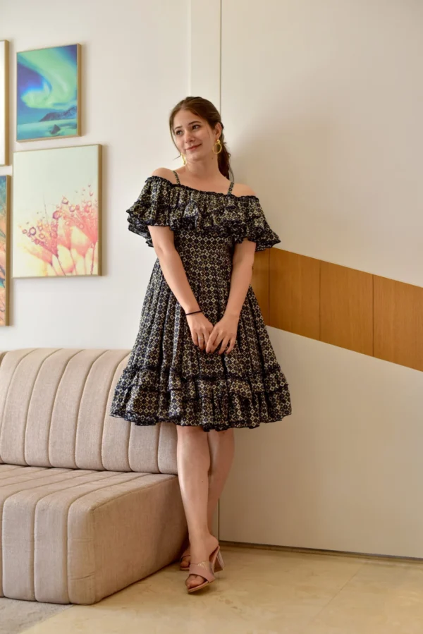 BLACK IKAT BOW-BACK FLARED DRESS - Image 5
