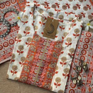 White Orange Block Print Cotton Suit Set