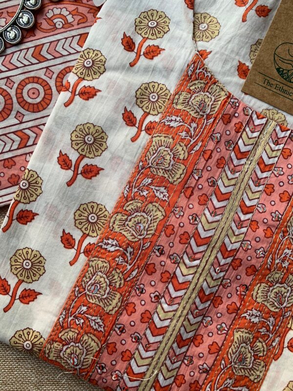 White Orange Block Print Cotton Suit Set - Image 2