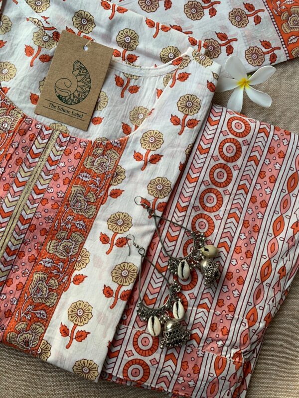 White Orange Block Print Cotton Suit Set - Image 3