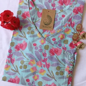 Blue Pink Jaal Angrakha Cotton Kurta