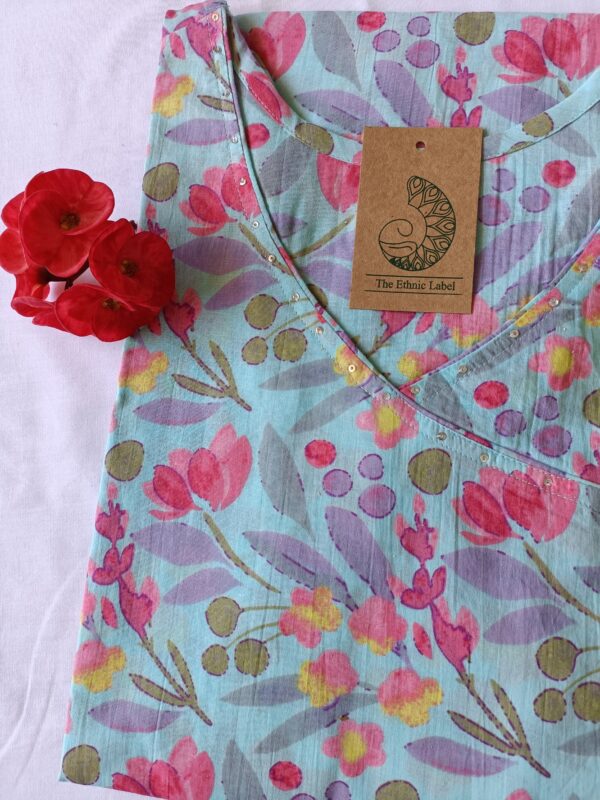 Blue Pink Jaal Angrakha Cotton Kurta - Image 2
