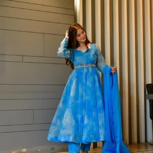 blue marble printed organza suit set