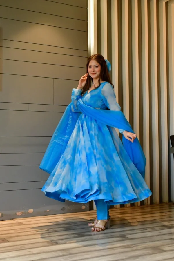 blue marble printed organza suit set - Image 2