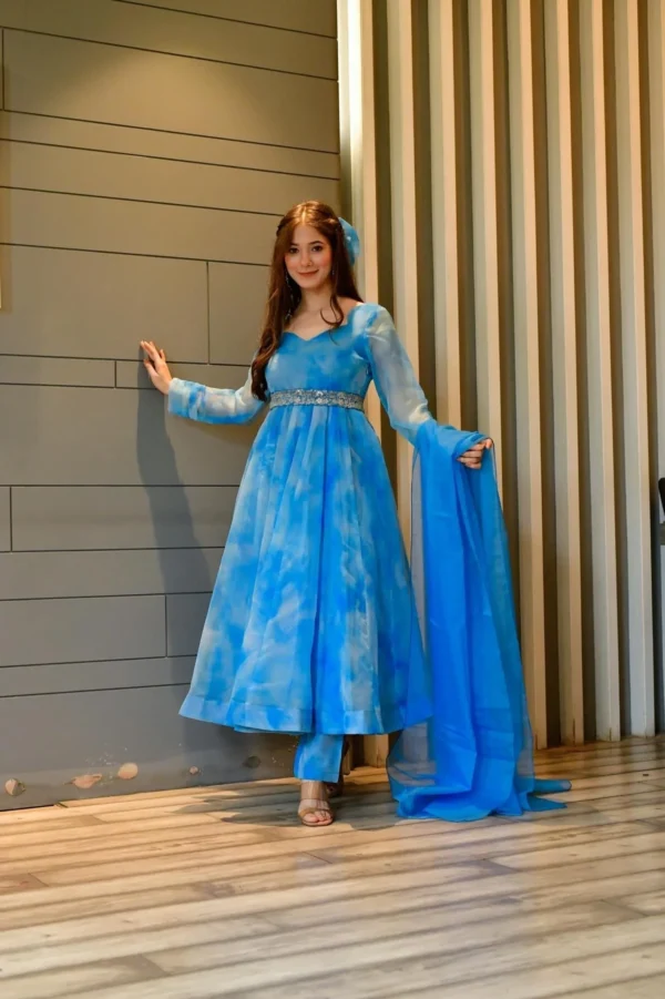 blue marble printed organza suit set - Image 3