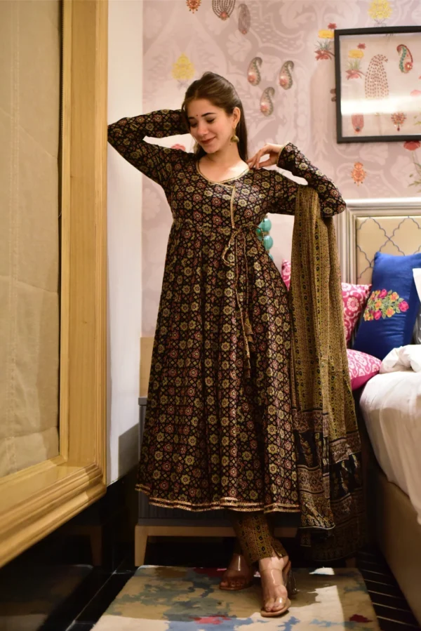 brown ajrakh angrakha suit set - Image 2