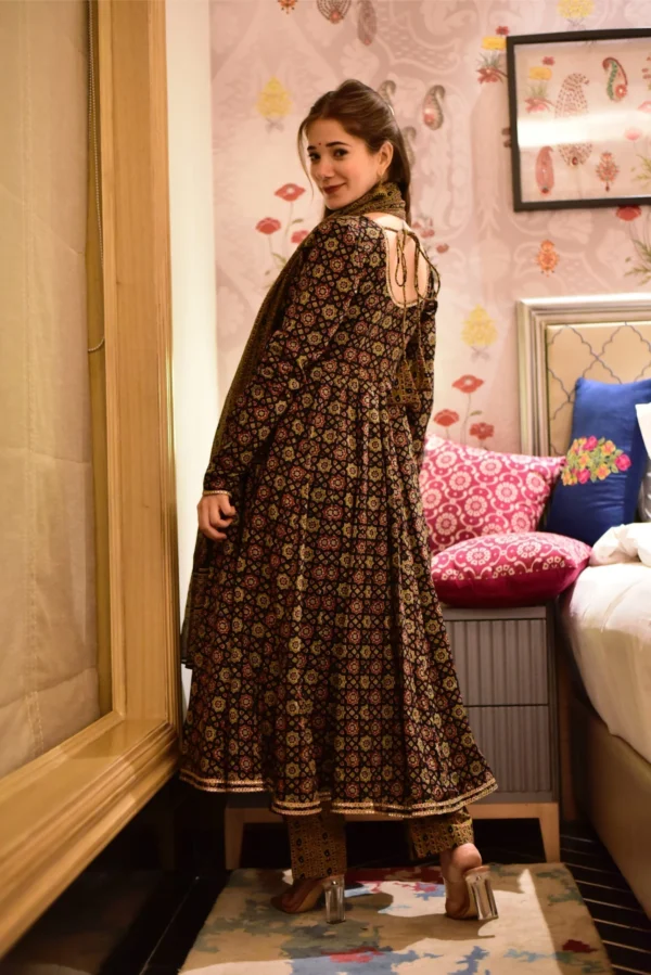 brown ajrakh angrakha suit set - Image 3