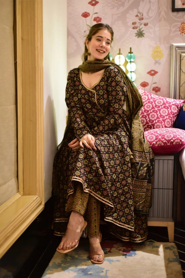brown ajrakh angrakha suit set - Image 4