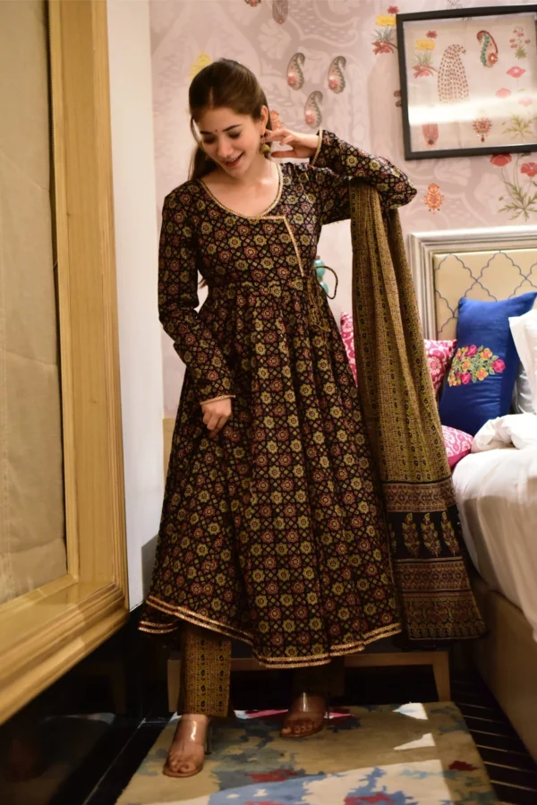 brown ajrakh angrakha suit set - Image 5