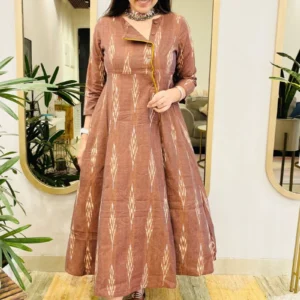 BROWN IKAT ANGRAKHA DRESS WITH YELLOW DETAIL