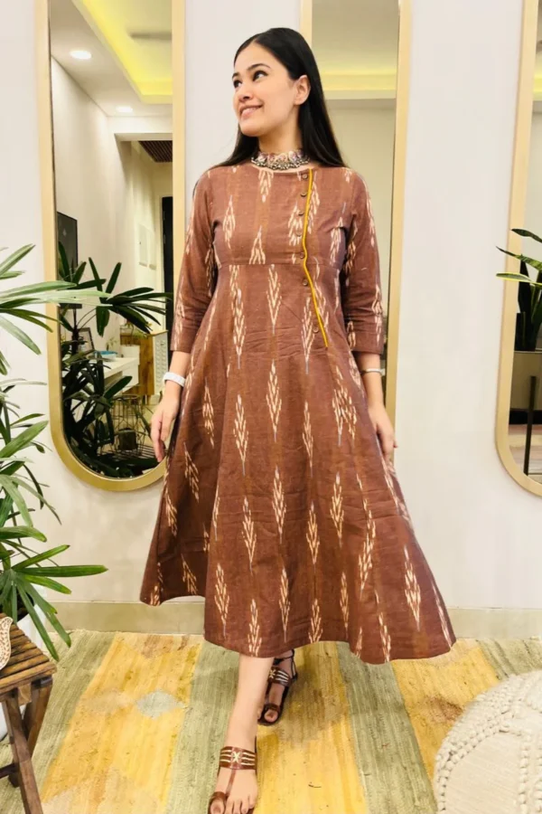 BROWN IKAT ANGRAKHA DRESS WITH YELLOW DETAIL - Image 5