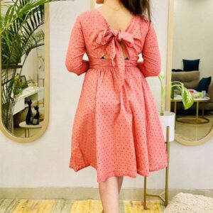 DAINTY EMBROIDERED BOW-BACK FLARED DRESS