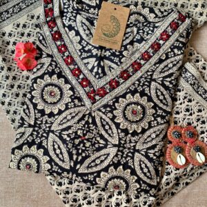 Hand Embroidered Black Ajrakh Afghan Pant Kurta Set with Dupatta - 3 pc