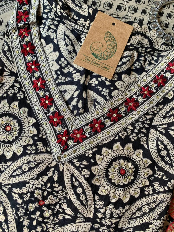 Hand Embroidered Black Ajrakh Afghan Pant Kurta Set with Dupatta - 3 pc - Image 4