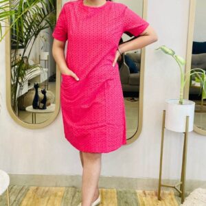 FUSCHIA SCHIFFLI EMBROIDERED SHIFT DRESS WITH POCKETS