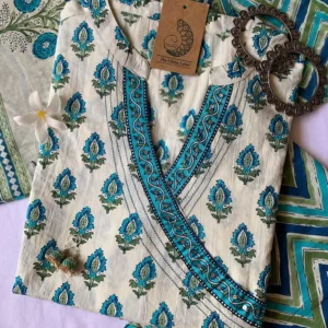 Firozi Boota Angrakha Cotton Kurta Set with dupatta - 3 pc