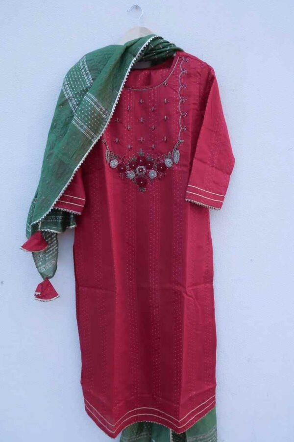 Romanticizing Red & Green Zari Suit (3 piece) - Image 3