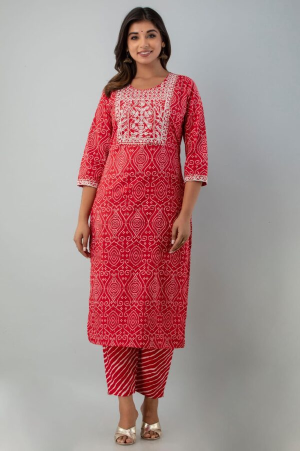 Ethnic Red Bandhej Leheriya Breathable Relaxing Fit Cotton Suit (3 piece) - Image 3