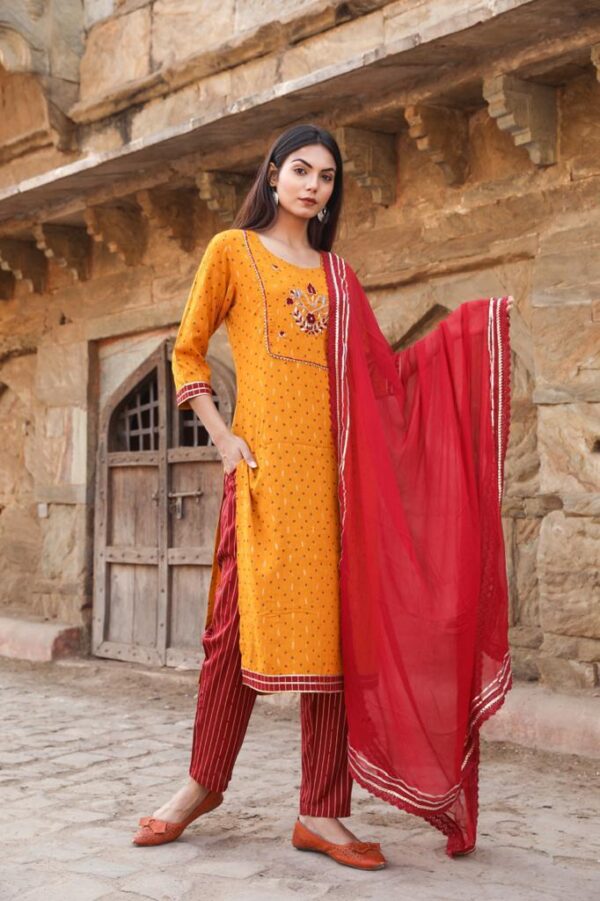 Kesariyavanity Haldi Ready Mustard-Red Suit - Image 4