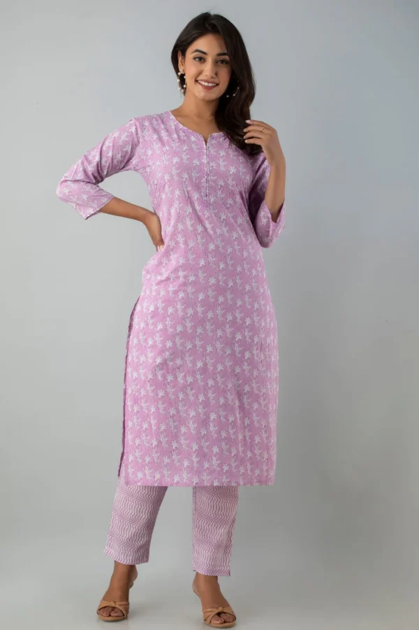 Floral Lilac Breathable Relaxing Fit Cotton Suit (3 piece) - Image 4