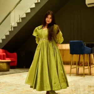 green embroidery silk suit set