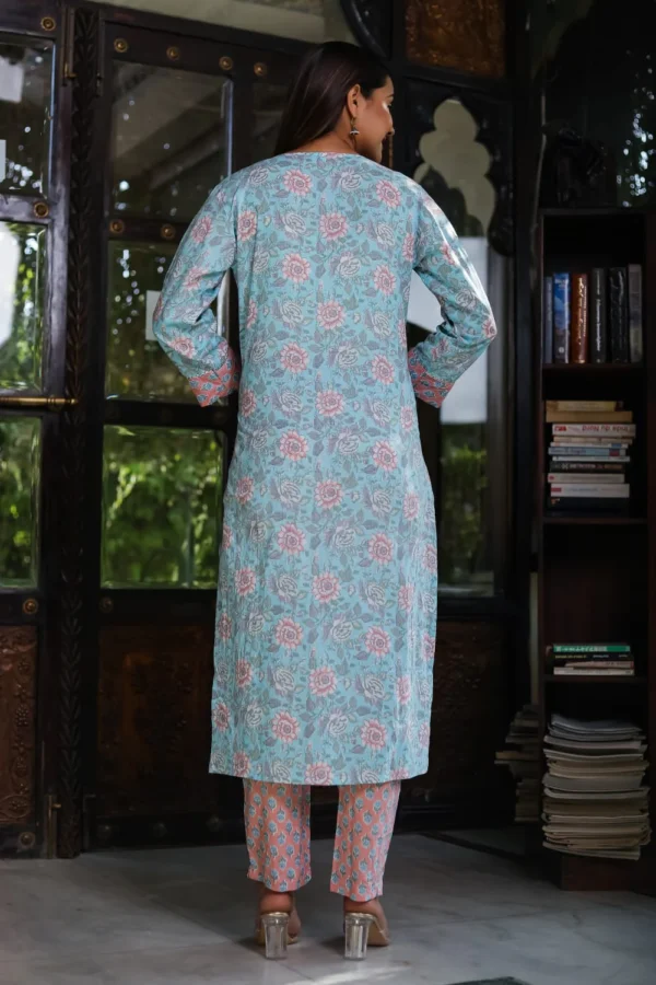 Floral  Breathable Soft Sky Relaxing Fit Cotton Suit (3 piece) - Image 4