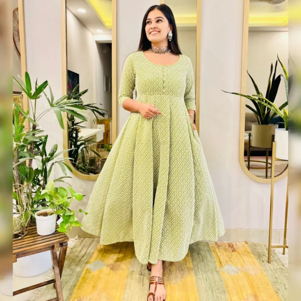 GREEN EMBROIDERED ANARKALI MAXI DRESS - Image 4