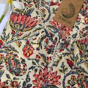 Cream-Red Jaal Hand Block Printed Cotton Kurta - XL
